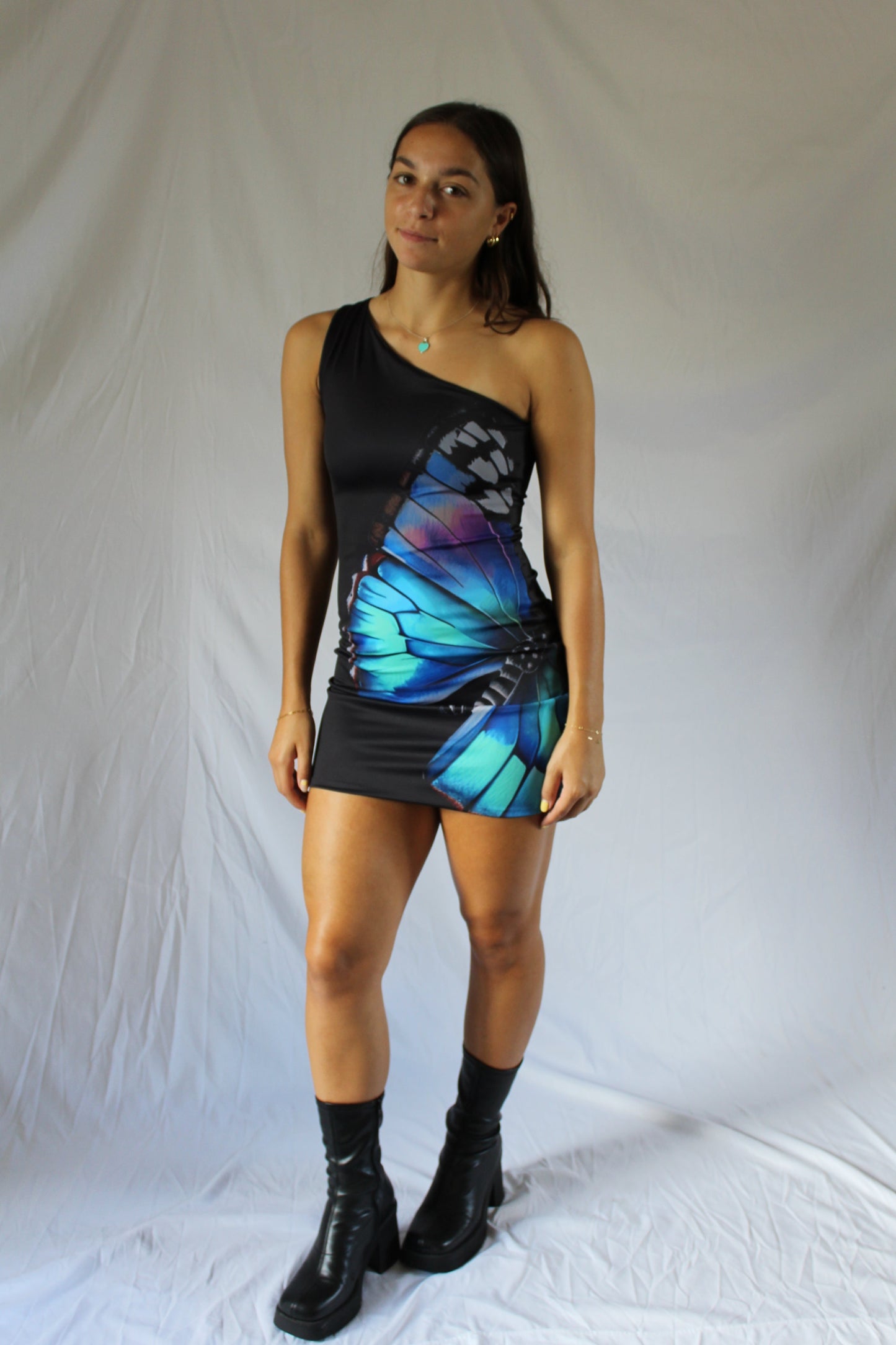 Reversible mini dress (Butterfly + large wild lily print)