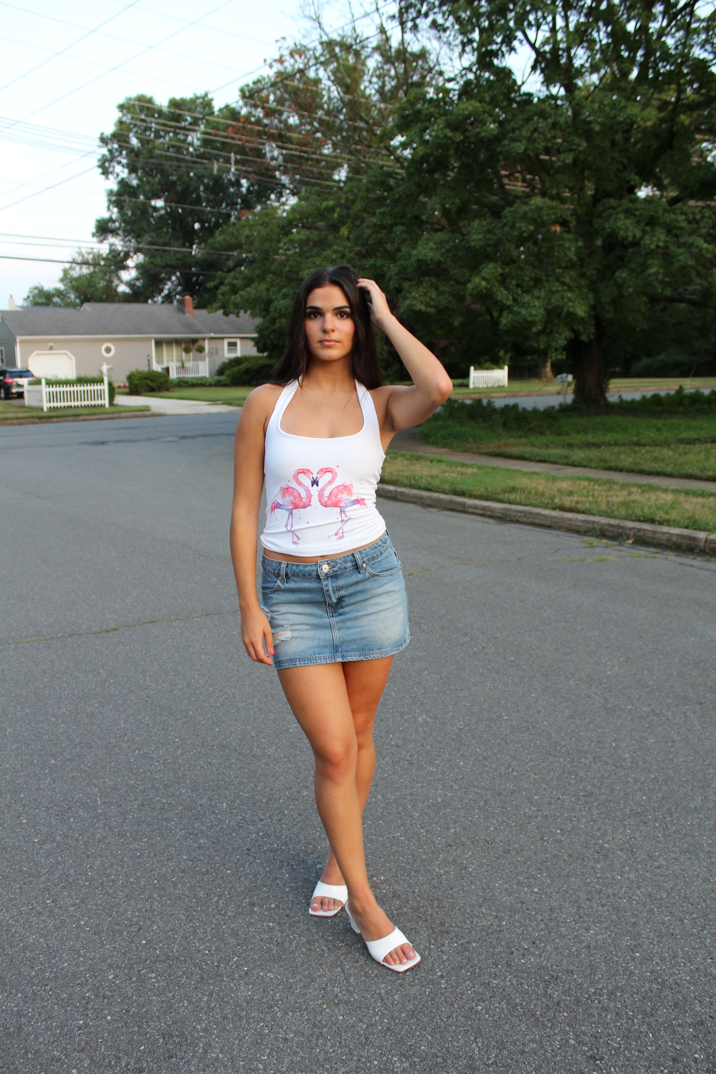 Reversible halter neck top (pink flamingo + hibiscus)