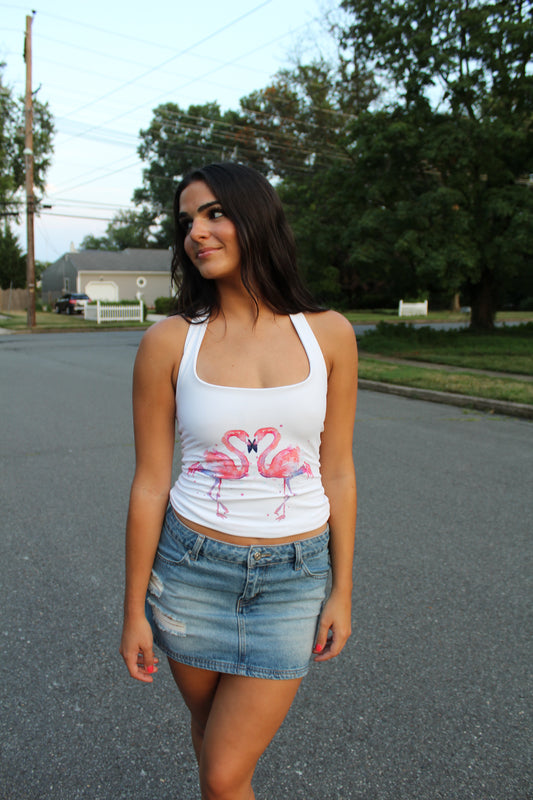 Reversible halter neck top (pink flamingo + hibiscus)