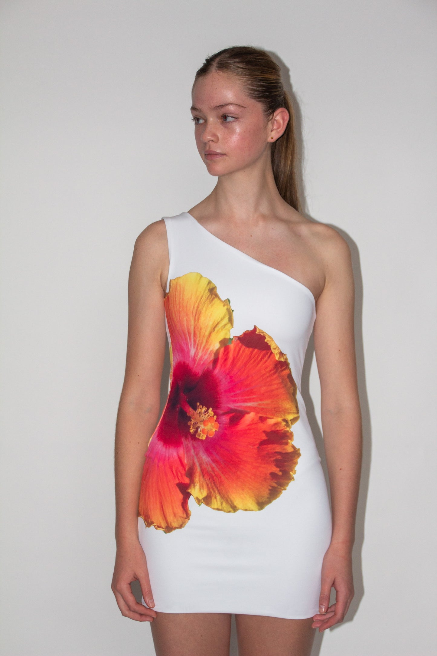 White reversible mini dress (hibiscus + wild lily)