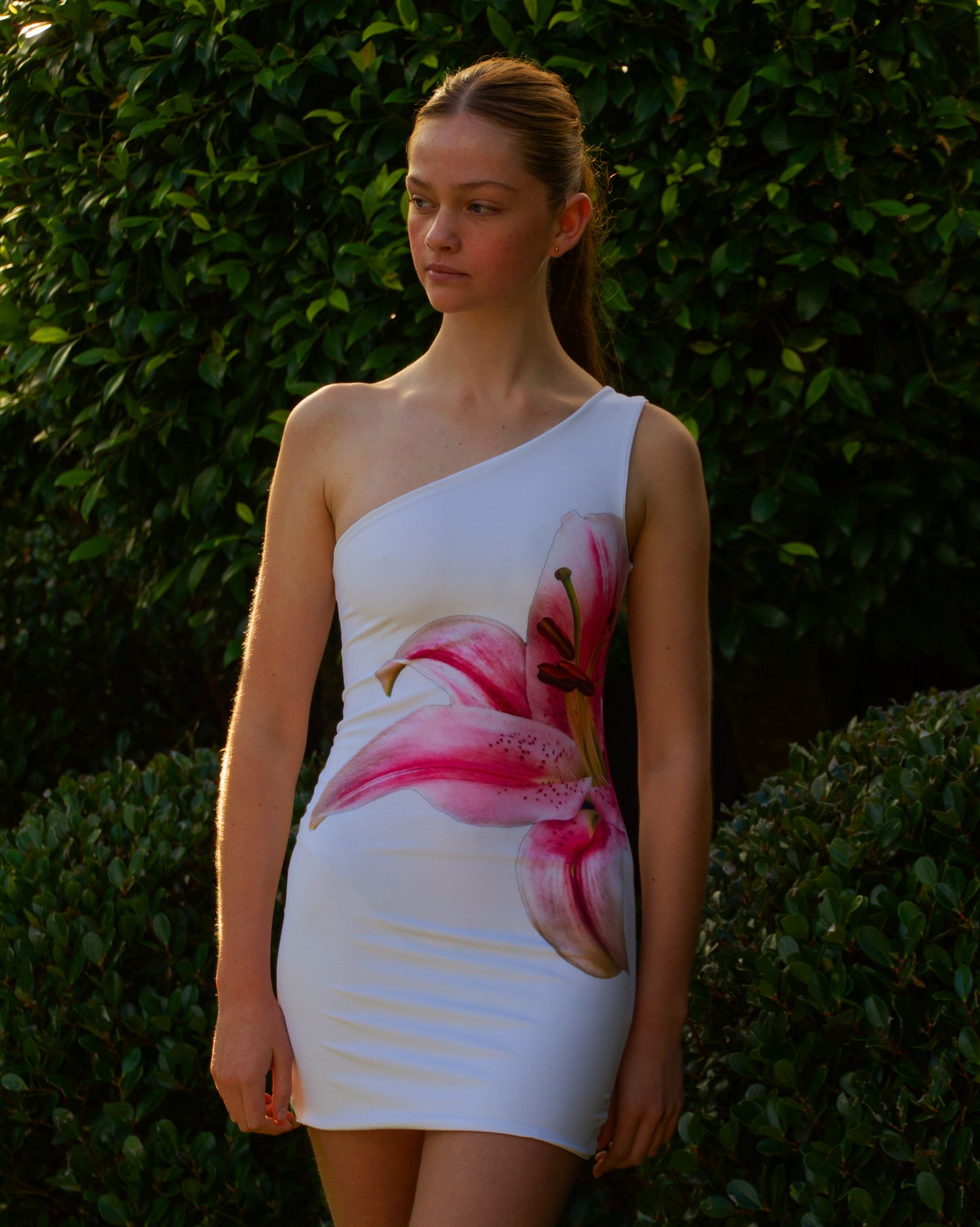 White reversible mini dress (hibiscus + wild lily)